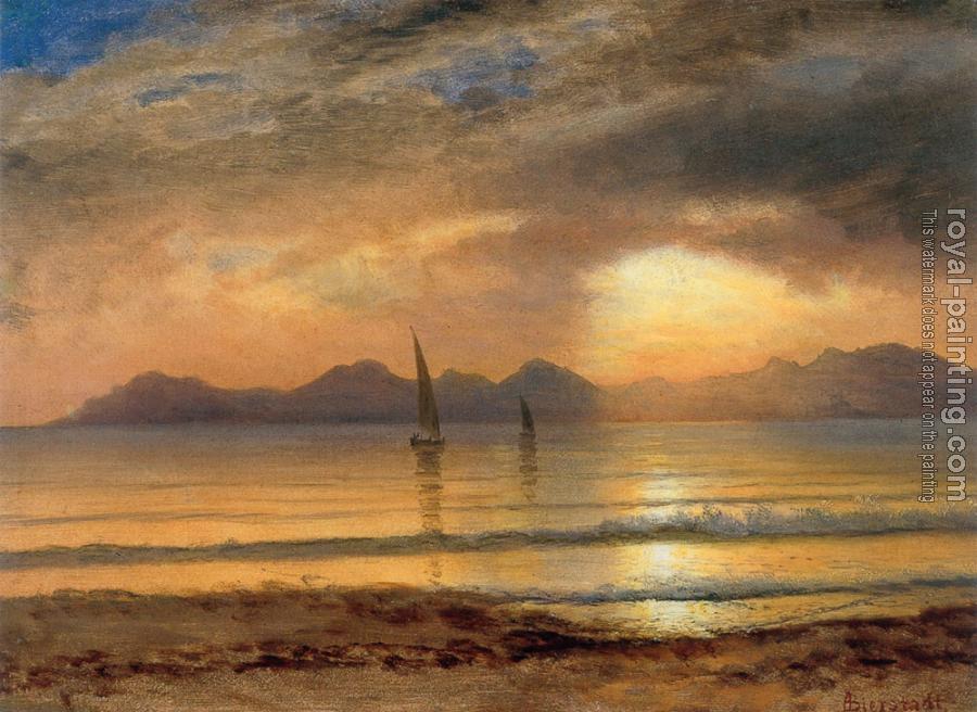 Albert Bierstadt : Sunset Over A Mountain Lake Albert Bierstadt : Sunset Over A Mountain Lake